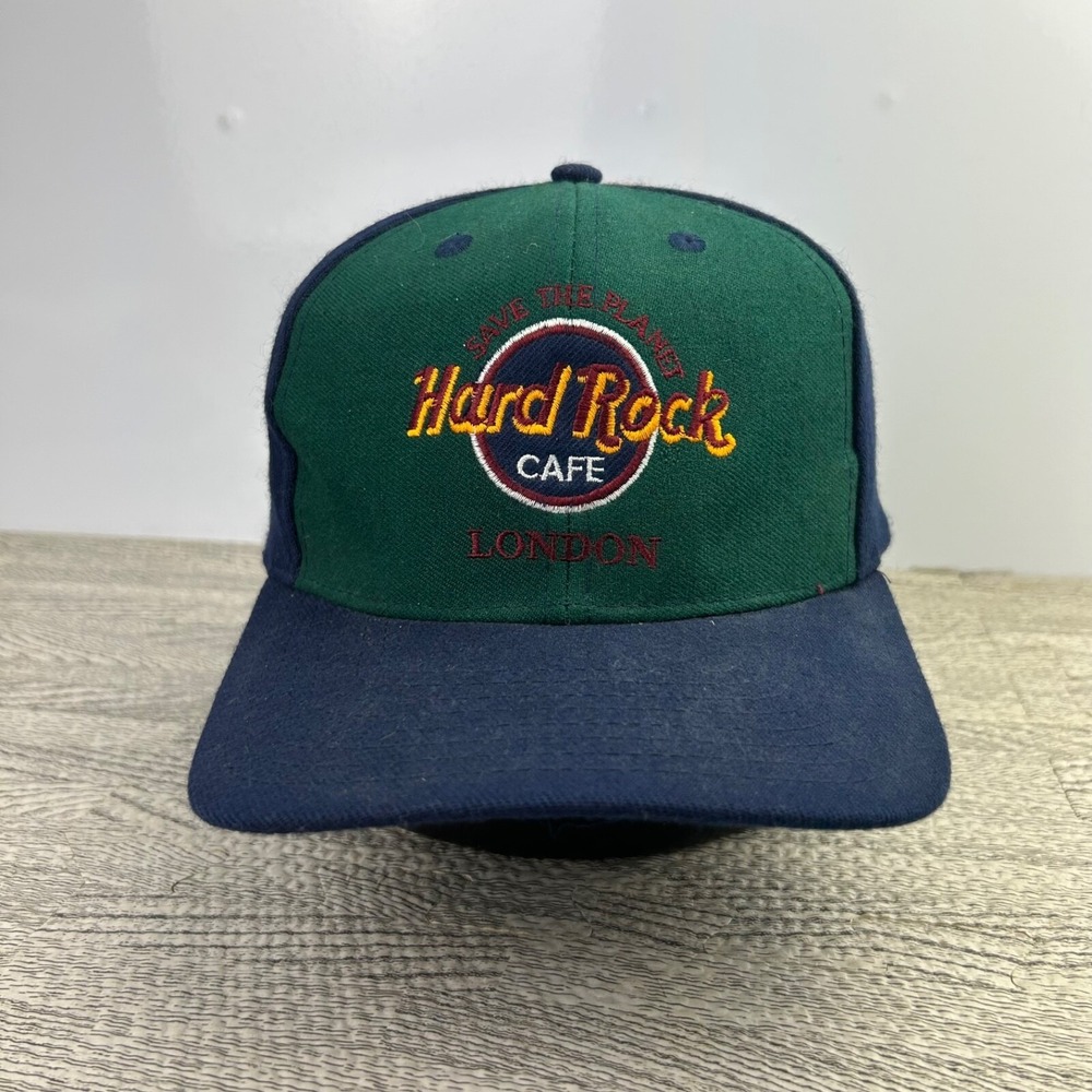 Vintage 90s Hard Rock Cafe Hat Cap Snap Back Adjustable Green Blue London Adult
